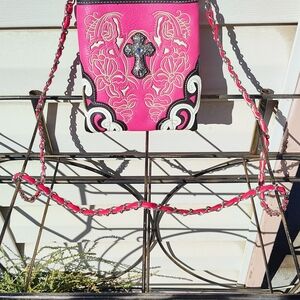 Elegant Pink Crossbody Bag with Embroidered Cross